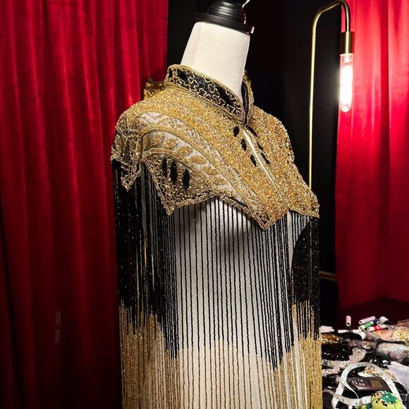 Black Gold Beaded Fringe Cape, Sequin Festival Bolero, Luxury Embellished Shawl - Picture 7 of 12